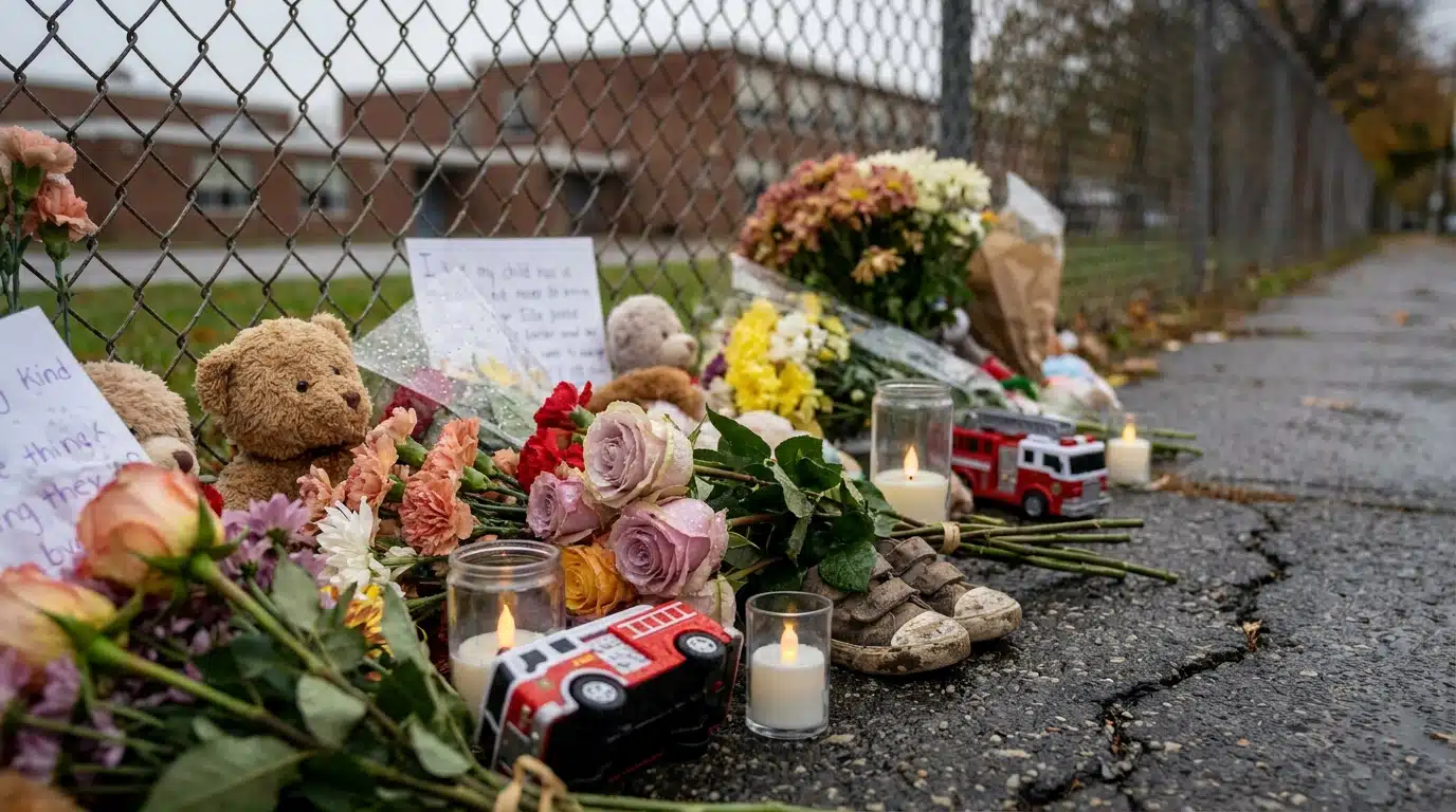 Mémorial de fleurs et bougies pour un enfant sur un trottoir