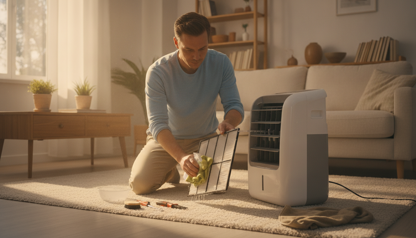Personne nettoyant le filtre d'un climatiseur portable
