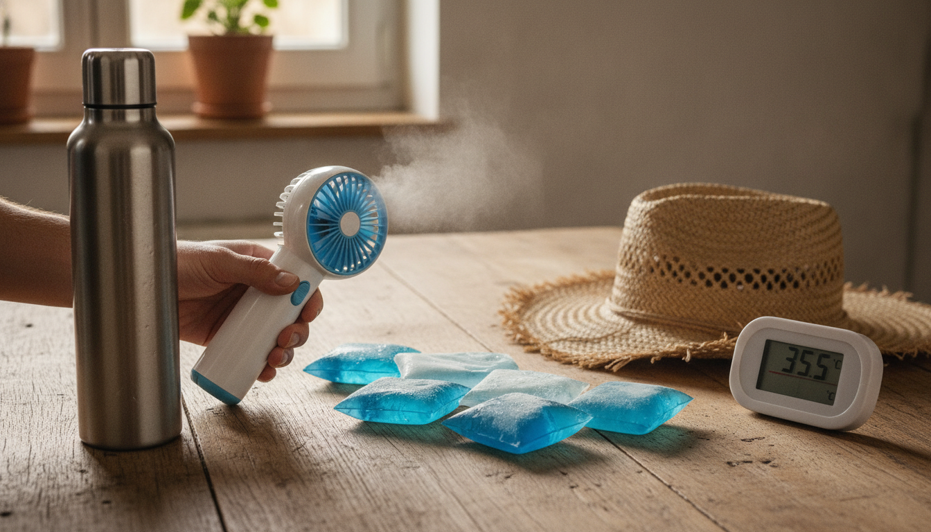 Kit canicule posé sur une table avec gourde et brumisateur