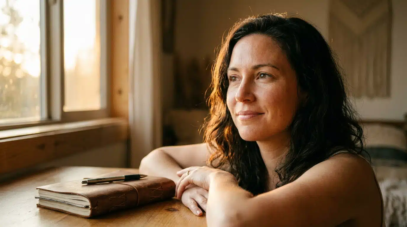 Femme pensive près d'une fenêtre au coucher du soleil