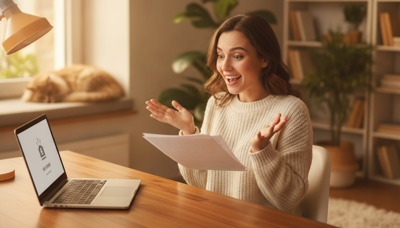 Femme surprise en découvrant une bonne nouvelle financière