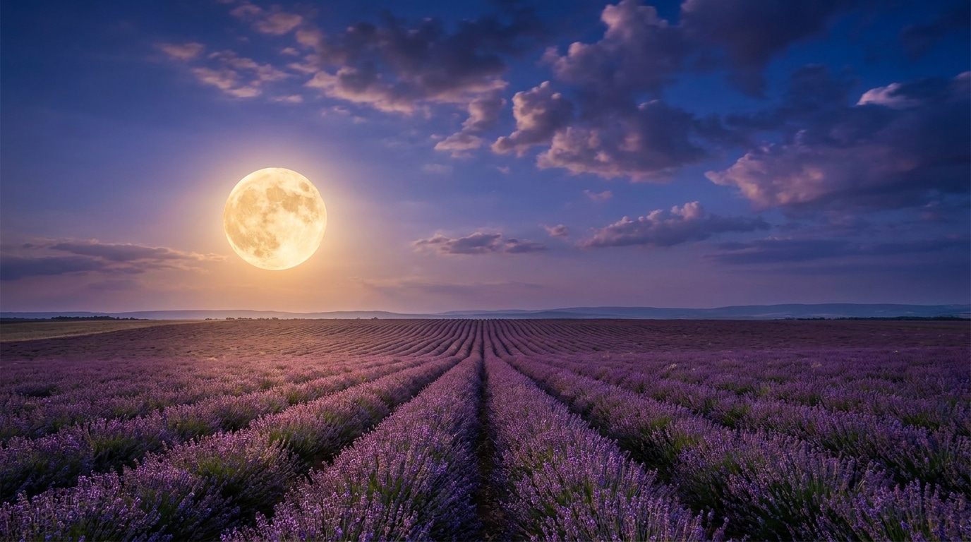 Pleine lune se levant au-dessus d'un champ de lavande au crépuscule