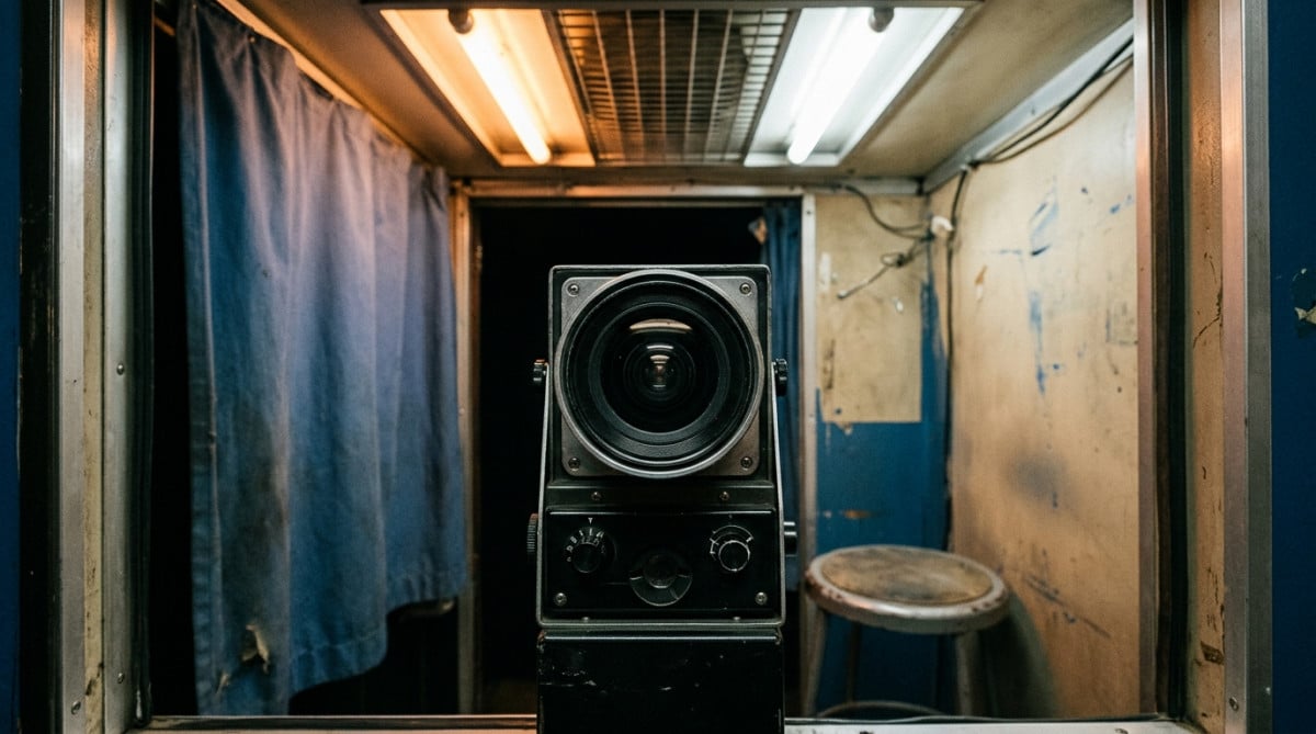 Objectif d'un photomaton vu de l'intérieur de la cabine