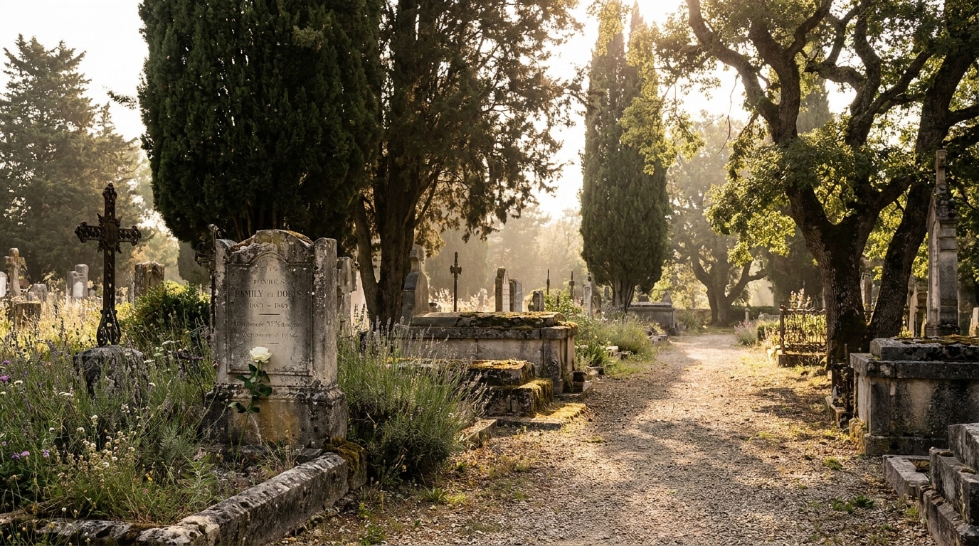 Rose blanche posée sur une tombe dans un cimetière paisible