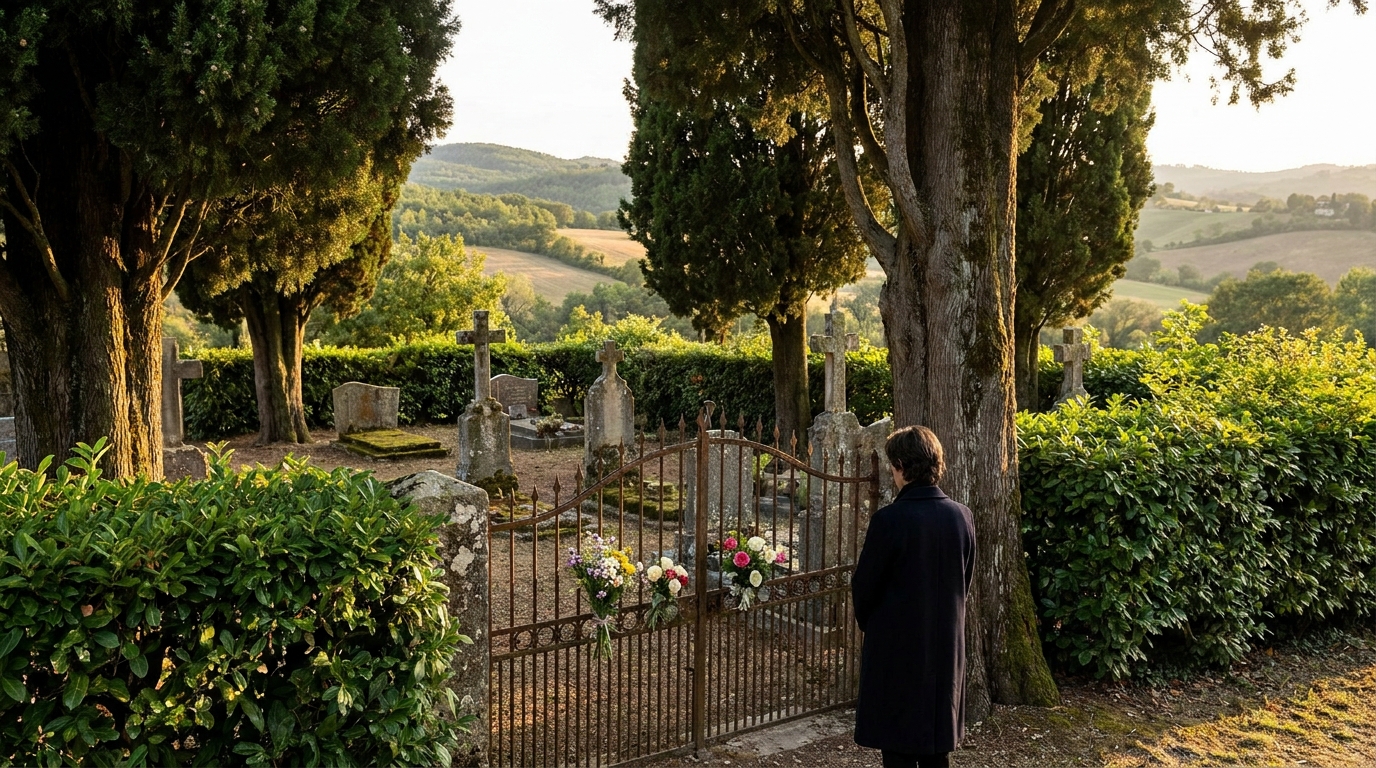 Cimetière fleuri d'une petite ville française en fin d'après-midi