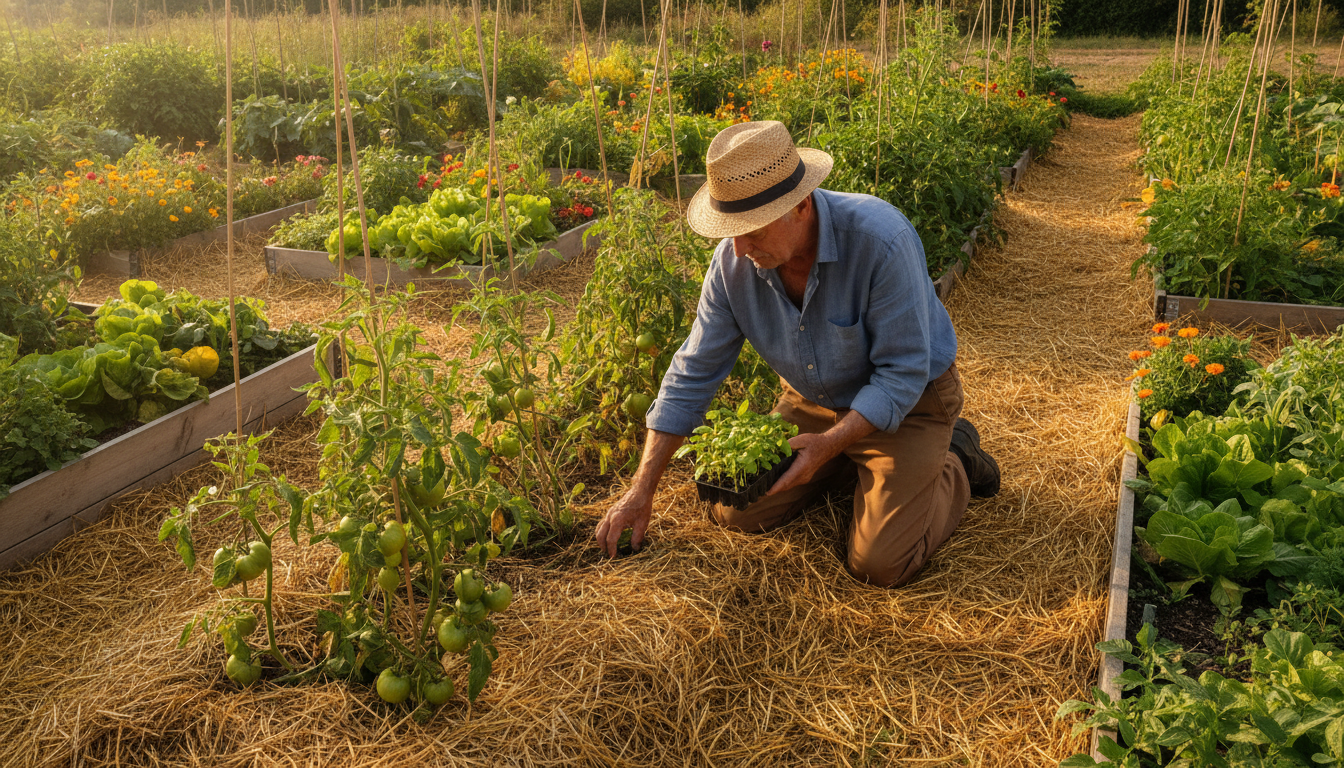 Jardinier plantant du basilic au pied des tomates