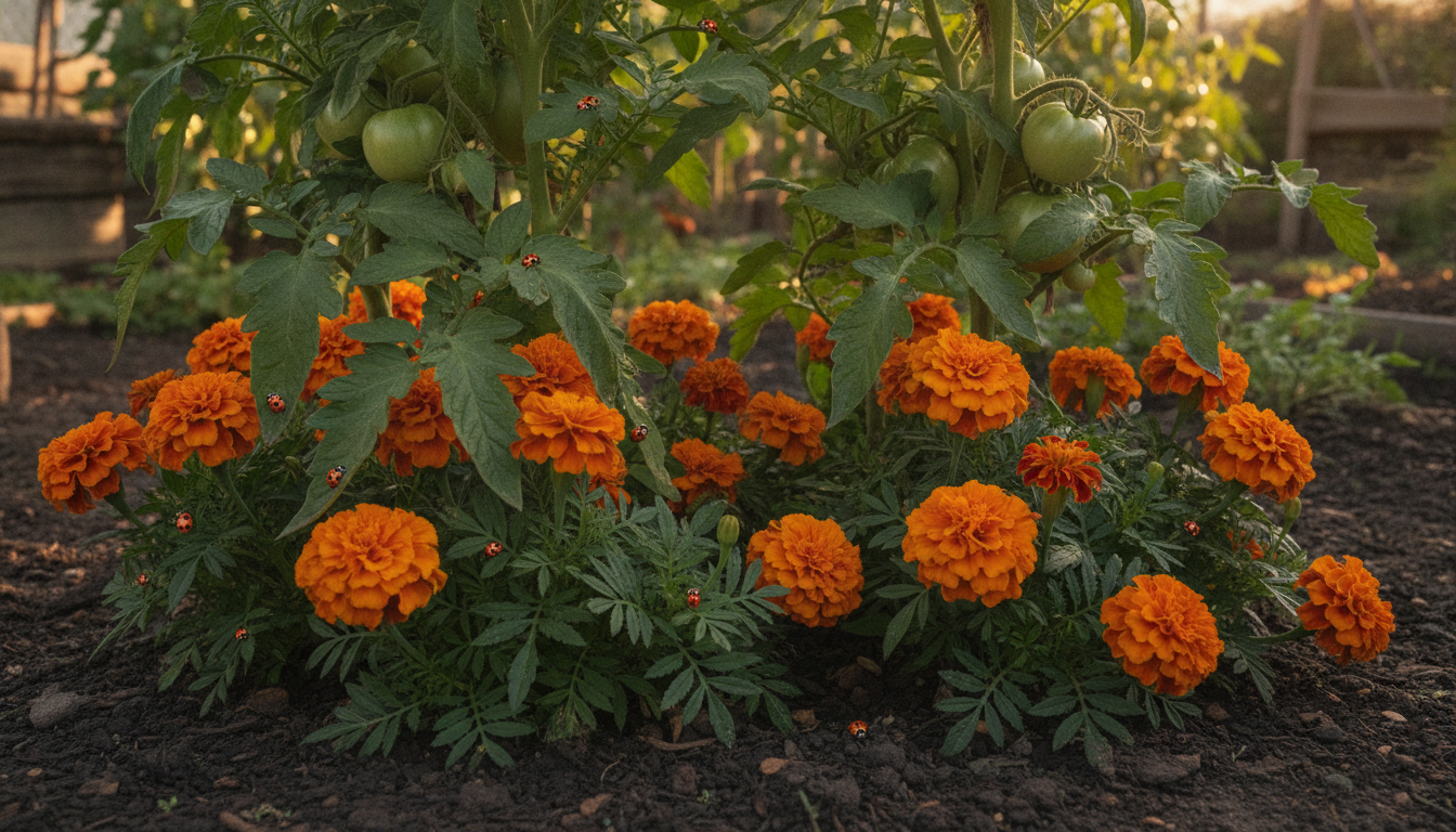 Œillets d'Inde en fleur au pied de plants de tomates