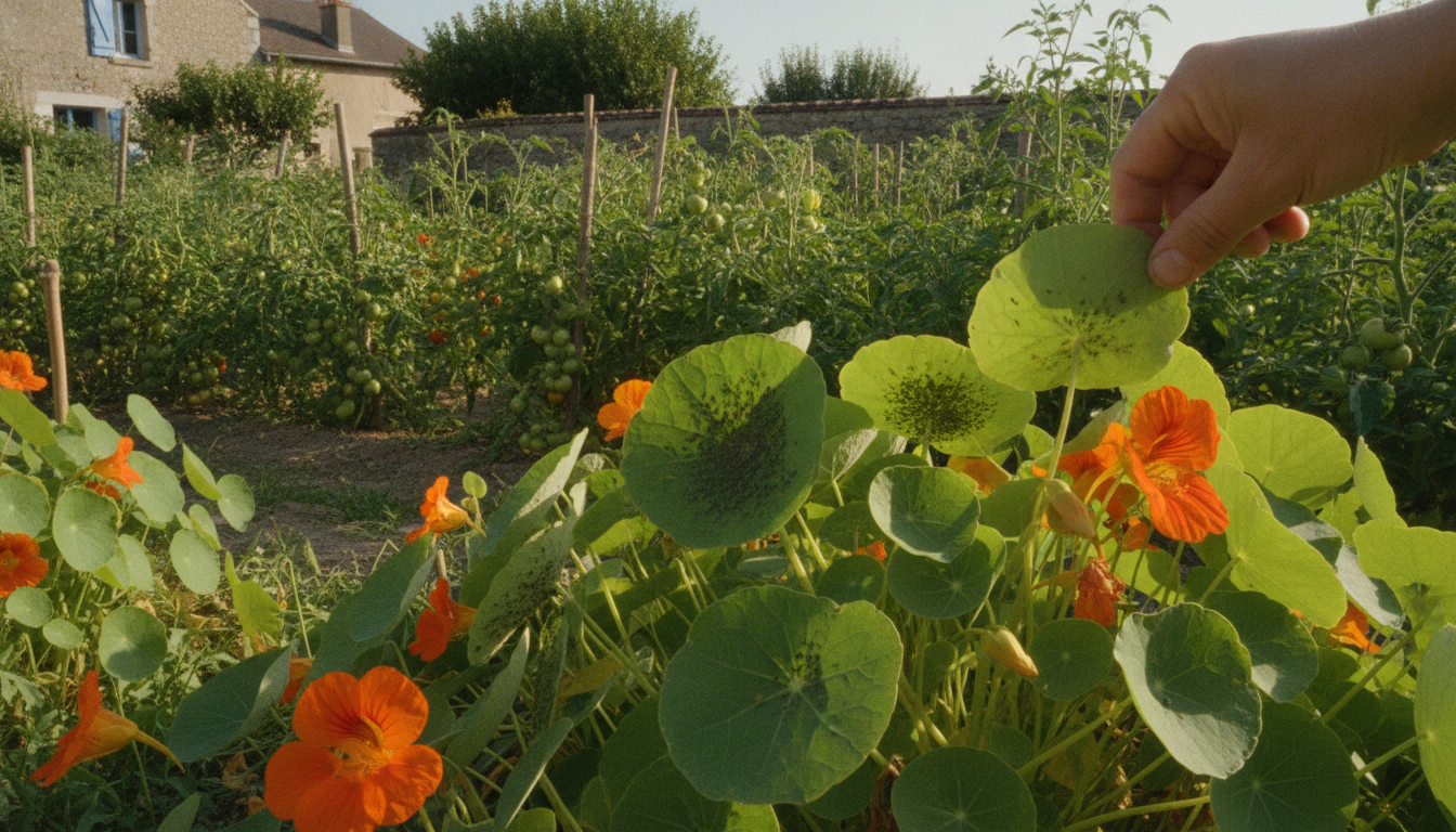 Capucine couverte de pucerons servant de plante-piège au potager