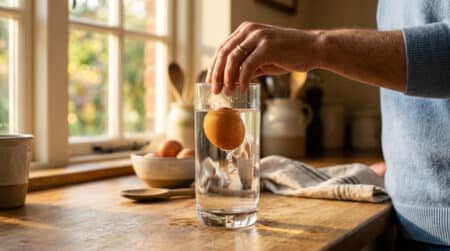 Œuf plongé dans un verre d'eau pour tester sa fraîcheur