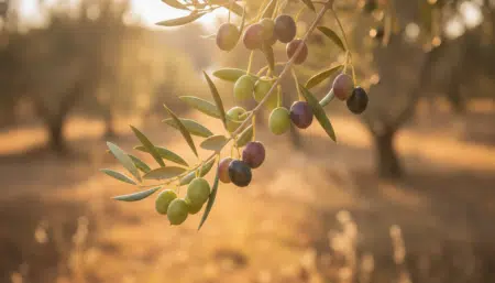 Olives à différents stades de maturité sur une branche