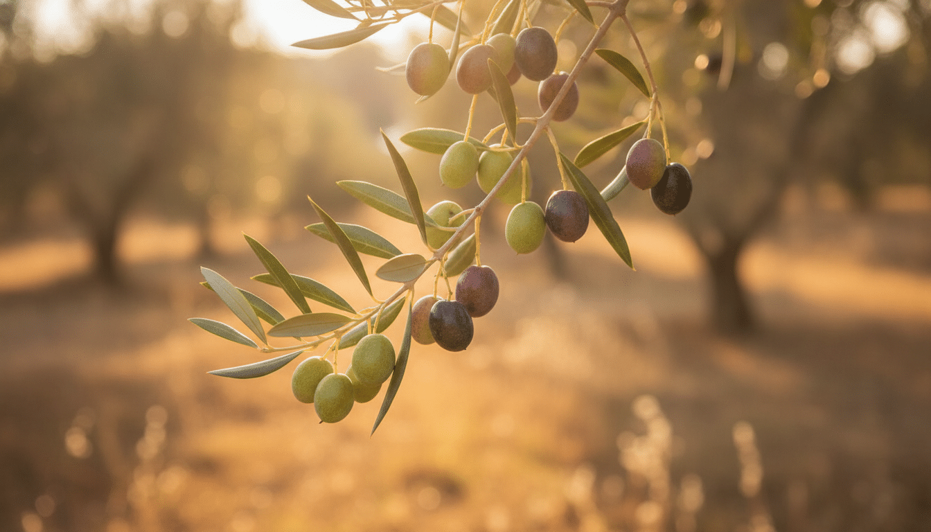 Olives à différents stades de maturité sur une branche