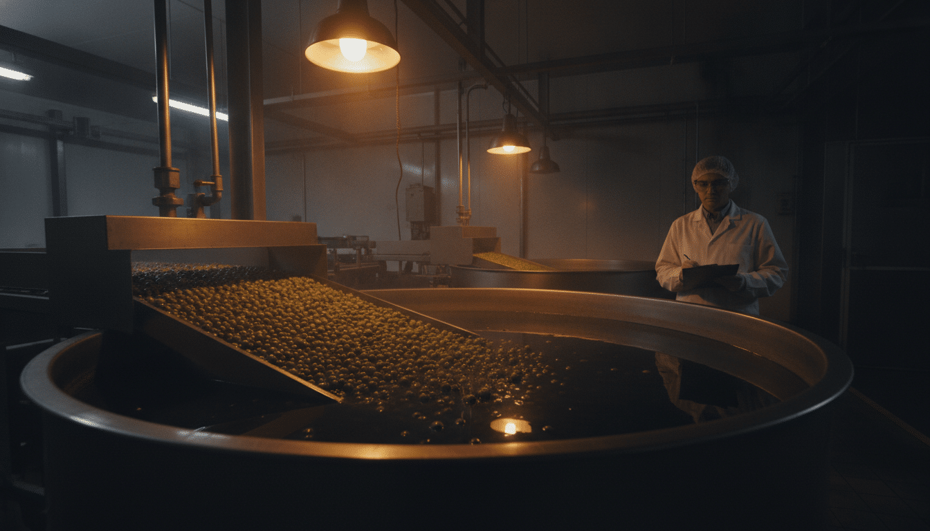 Bain chimique industriel pour colorer les olives vertes