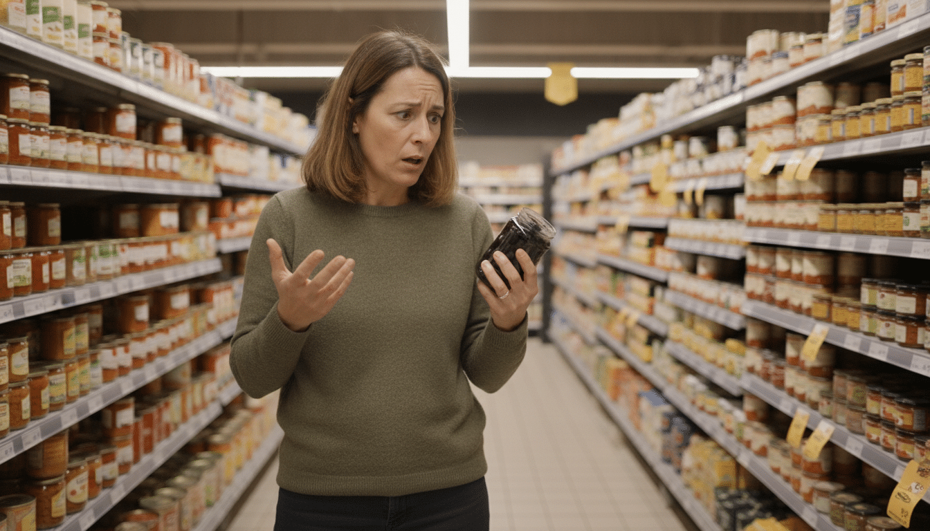 Femme lisant l'étiquette d'un bocal d'olives noires au supermarché