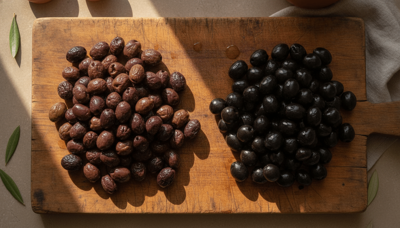 Comparaison entre olives noires naturelles et olives colorées chimiquement