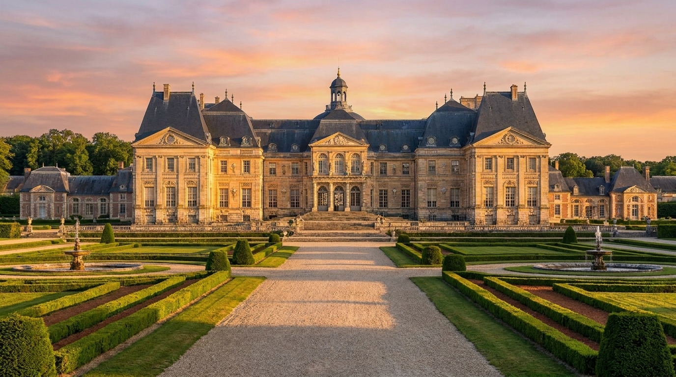 Façade d'un château français classique au coucher du soleil, jardins à la française en premier plan