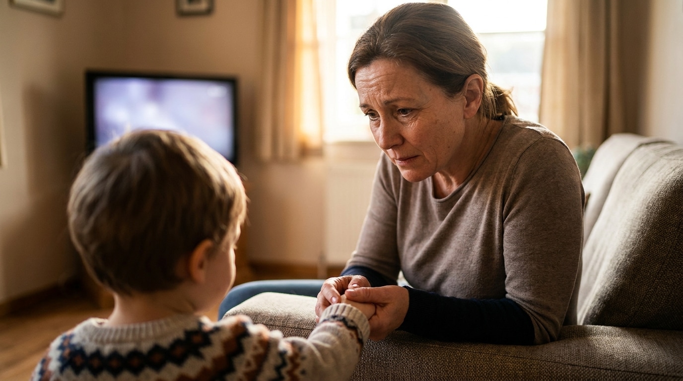 Mère inquiète assise près de son enfant sur un canapé