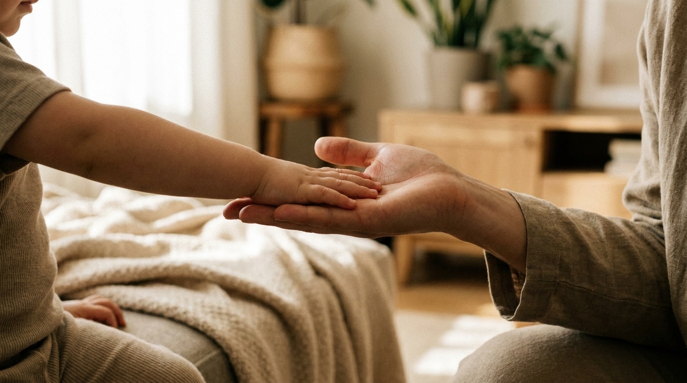 Main d'enfant repoussant doucement une main d'adulte