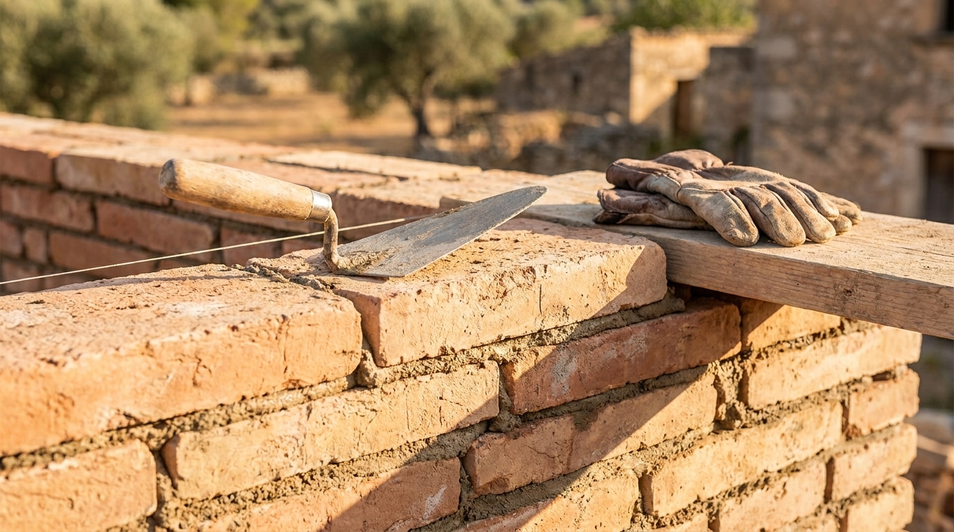 Mur de briques fraîchement posé avec truelle sur un chantier