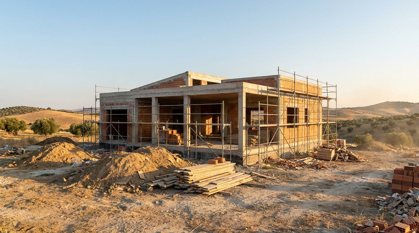 Maison en construction avec échafaudages dans un paysage espagnol
