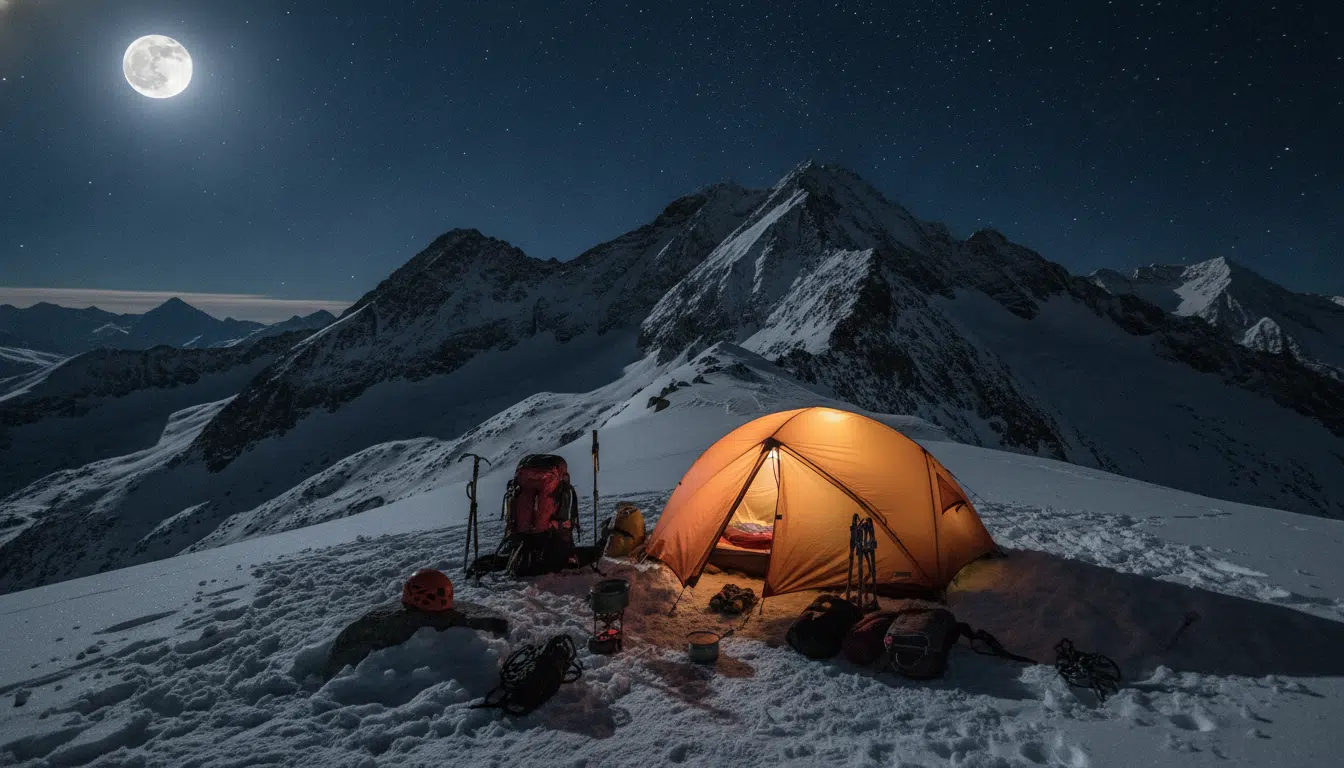 Bivouac en haute altitude avec matériel d'alpinisme éparpillé