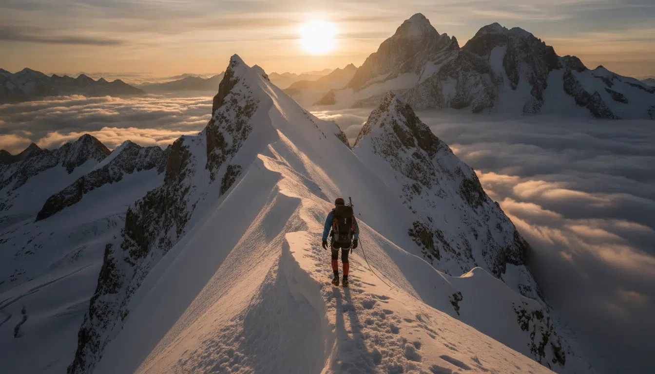 Alpiniste traversant une arête enneigée du massif du Mont-Blanc