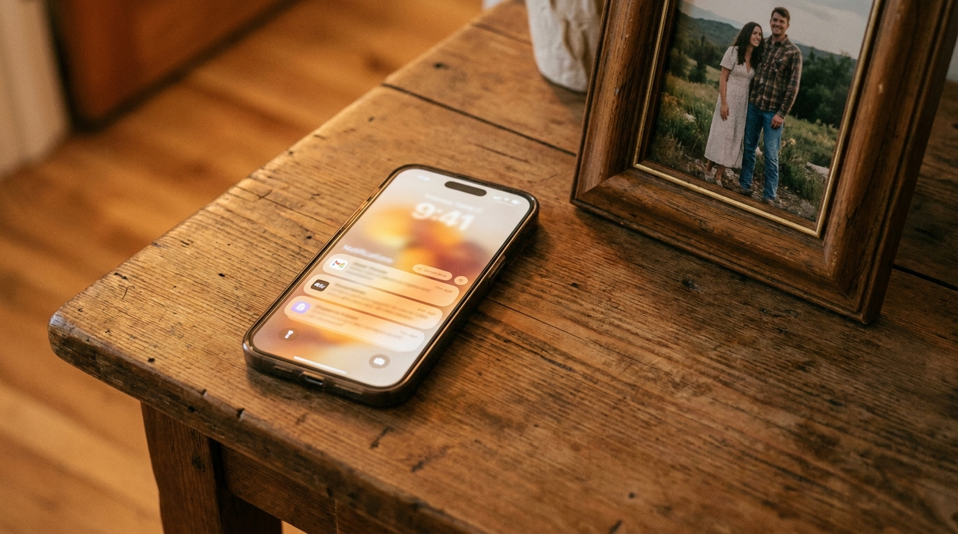 Smartphone posé près d'une photo encadrée, évoquant un hommage personnel et émouvant