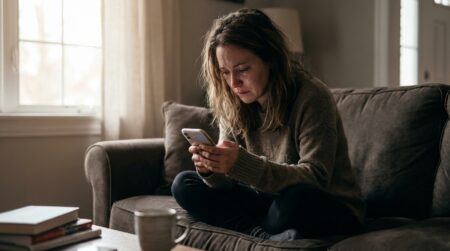 Femme seule sur un canapé regardant son téléphone avec détresse