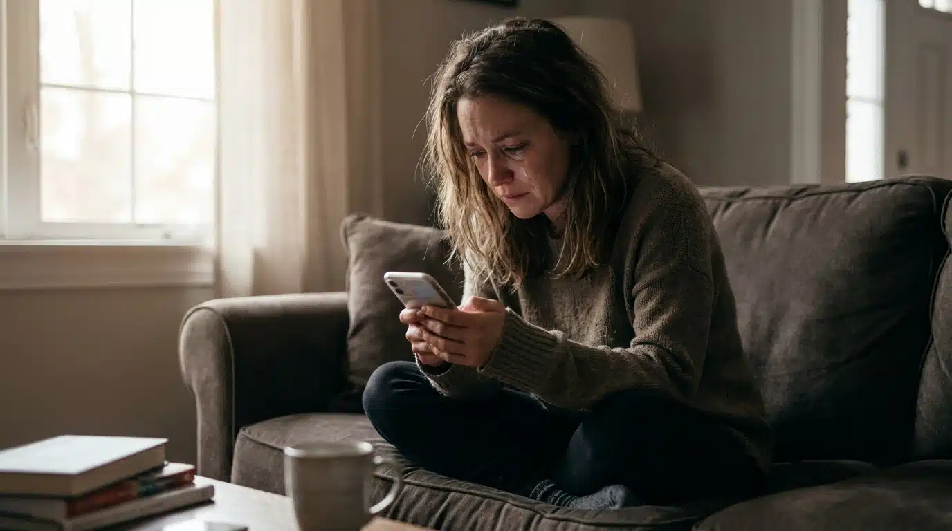 Femme seule sur un canapé regardant son téléphone avec détresse