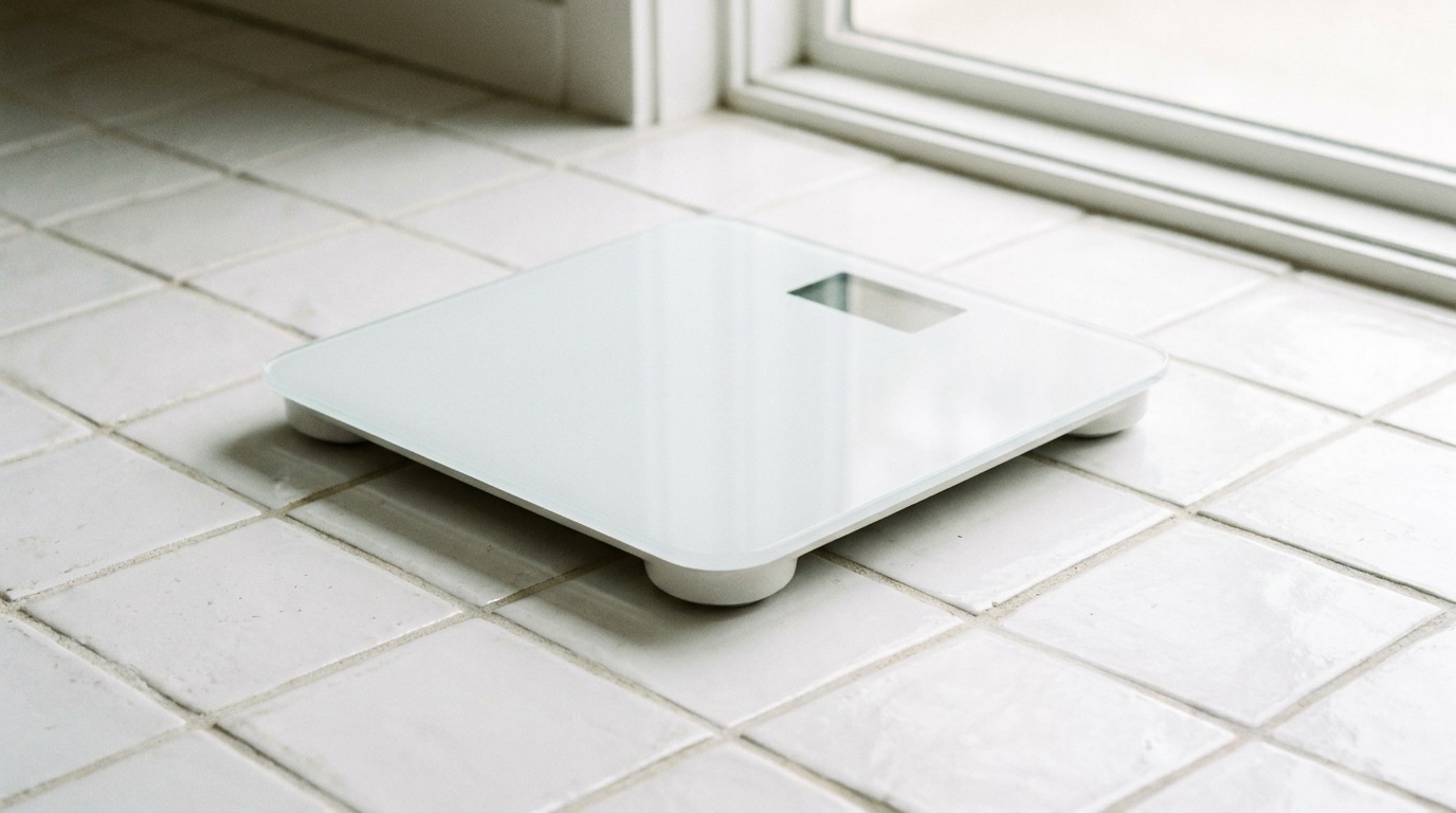 Balance posée sur le carrelage d'une salle de bain