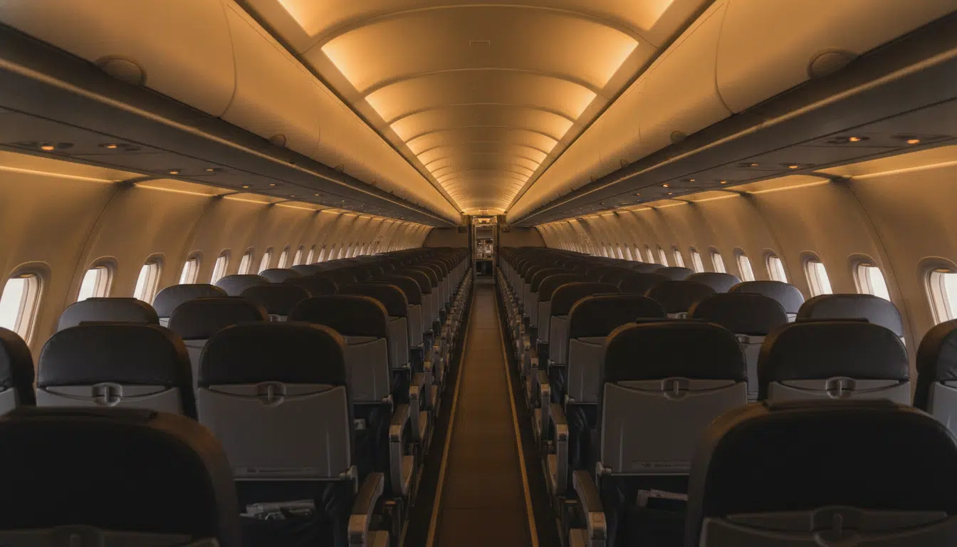 Intérieur d'une cabine d'avion vu depuis l'arrière