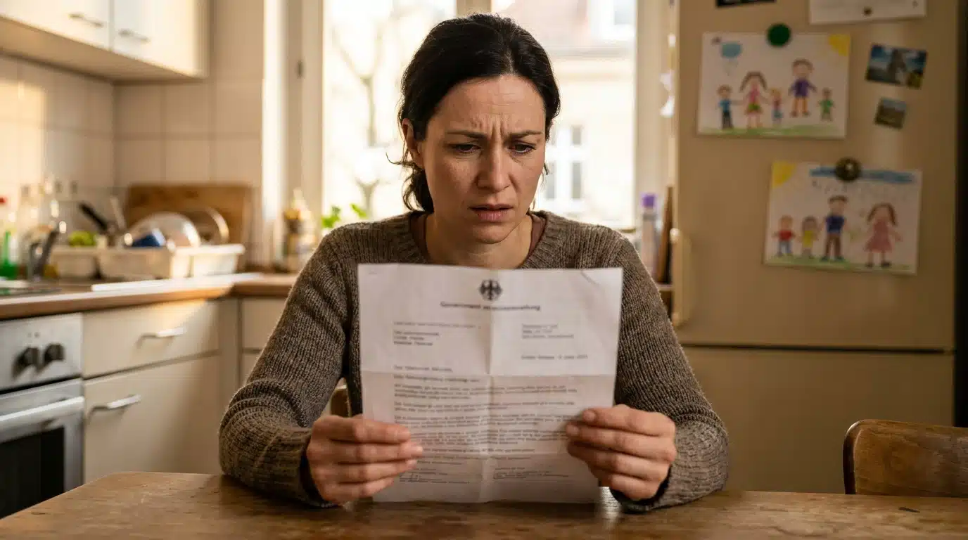 Femme inquiète lisant un courrier dans sa cuisine