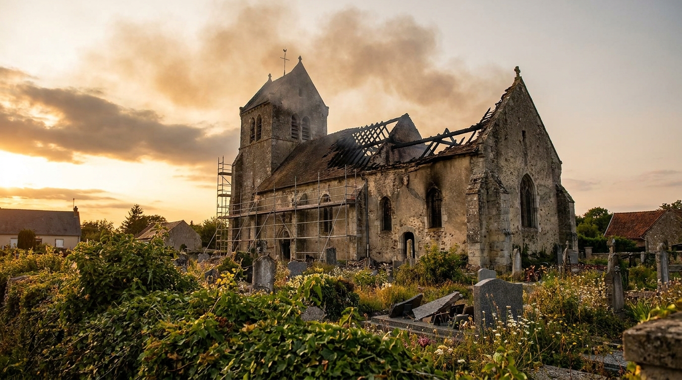 Église de campagne française endommagée par un incendie