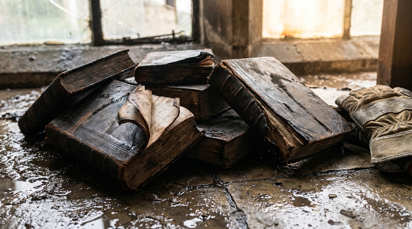 Livres anciens abîmés par l'eau et la suie après un sinistre
