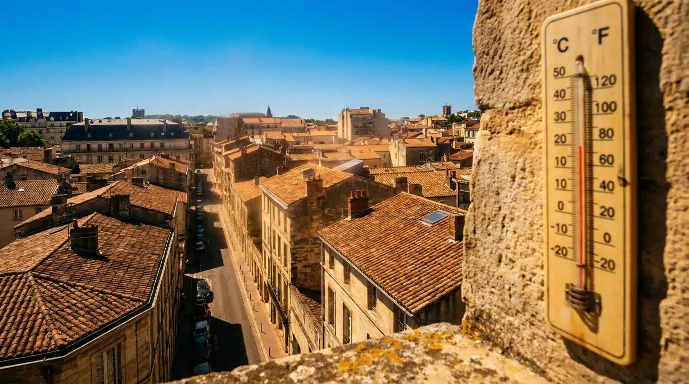Toits de ville française sous une brume de chaleur intense