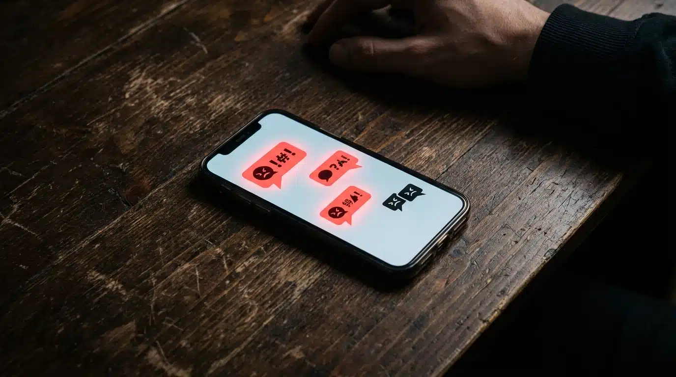 Smartphone affichant des notifications agressives et commentaires haineux sur les réseaux sociaux
