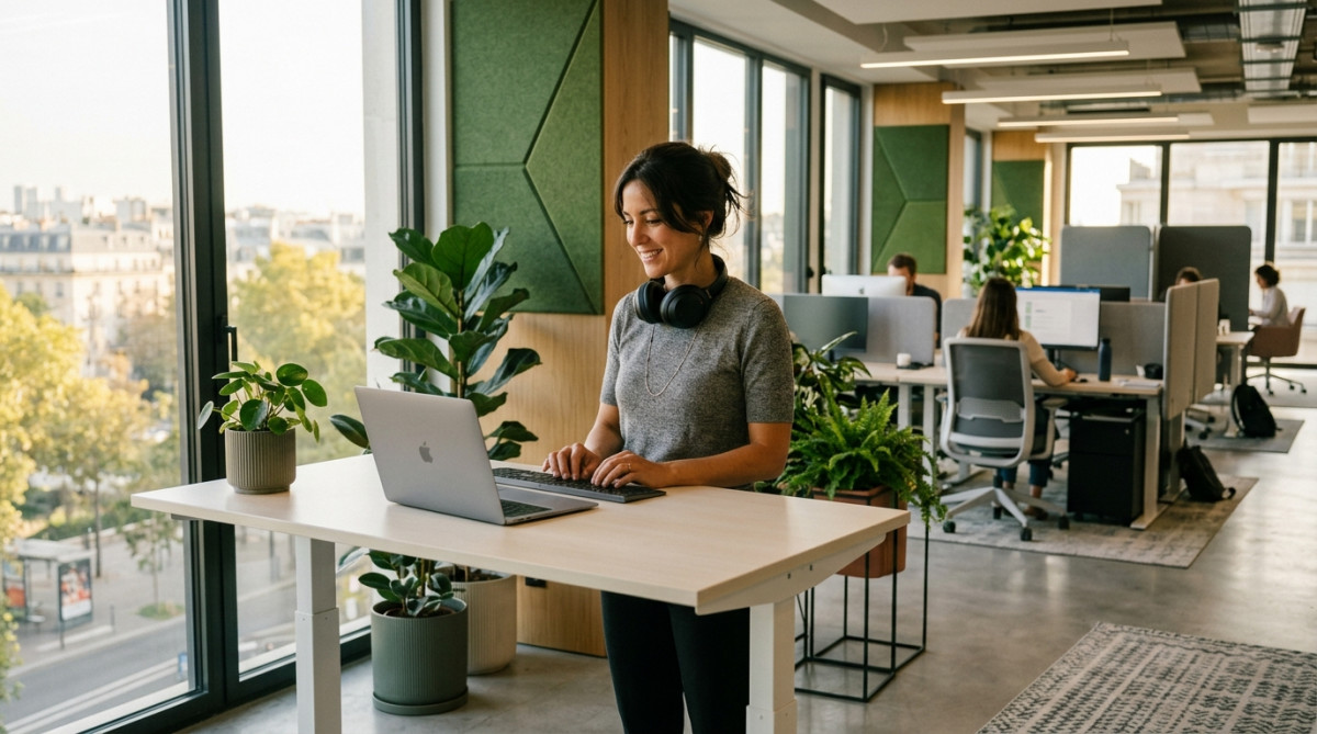 Open space français moderne avec bureau assis-debout minimaliste