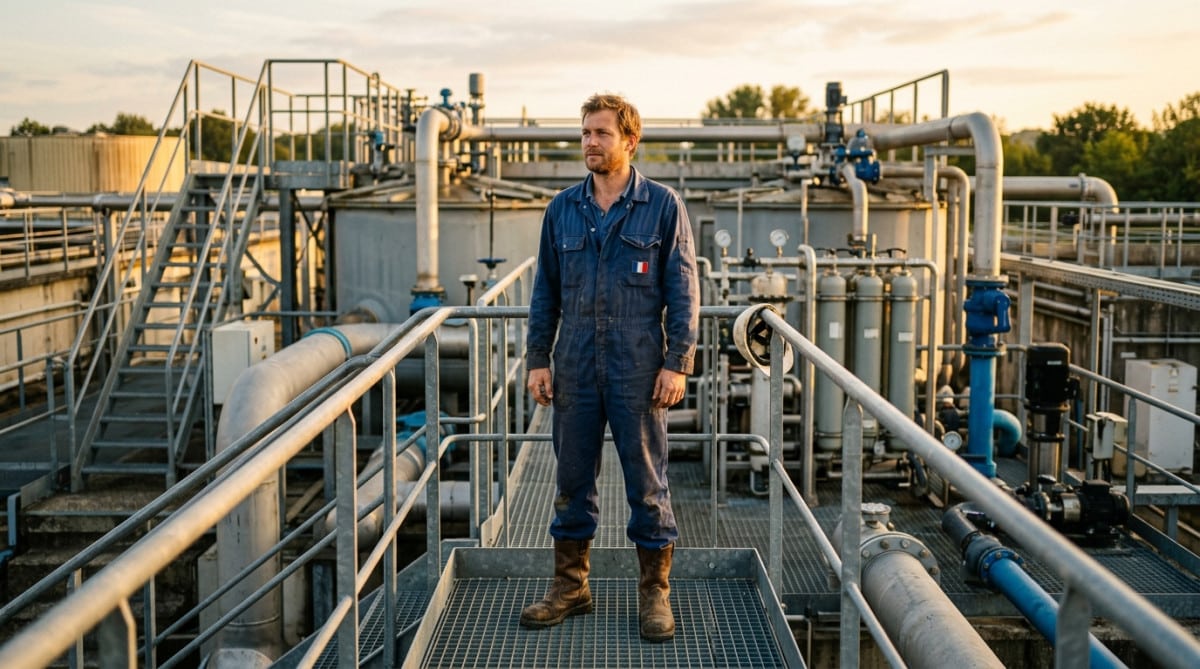 Opérateur en station d'épuration devant des cuves industrielles