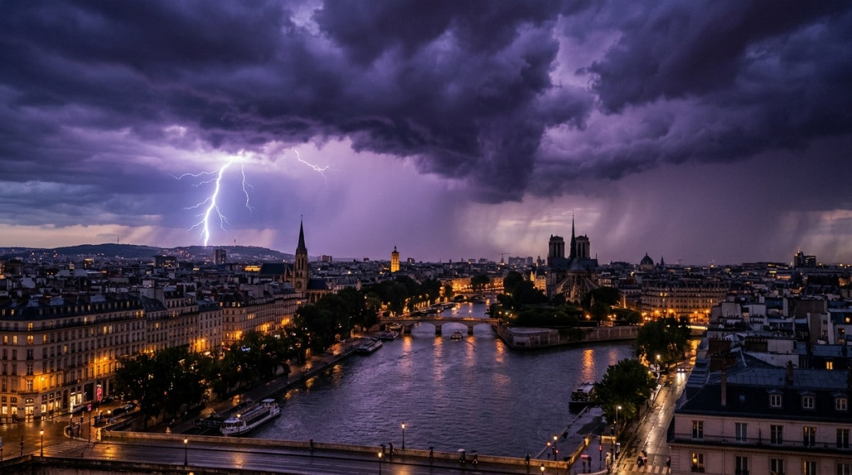 Orage au-dessus d'une ville française au crépuscule