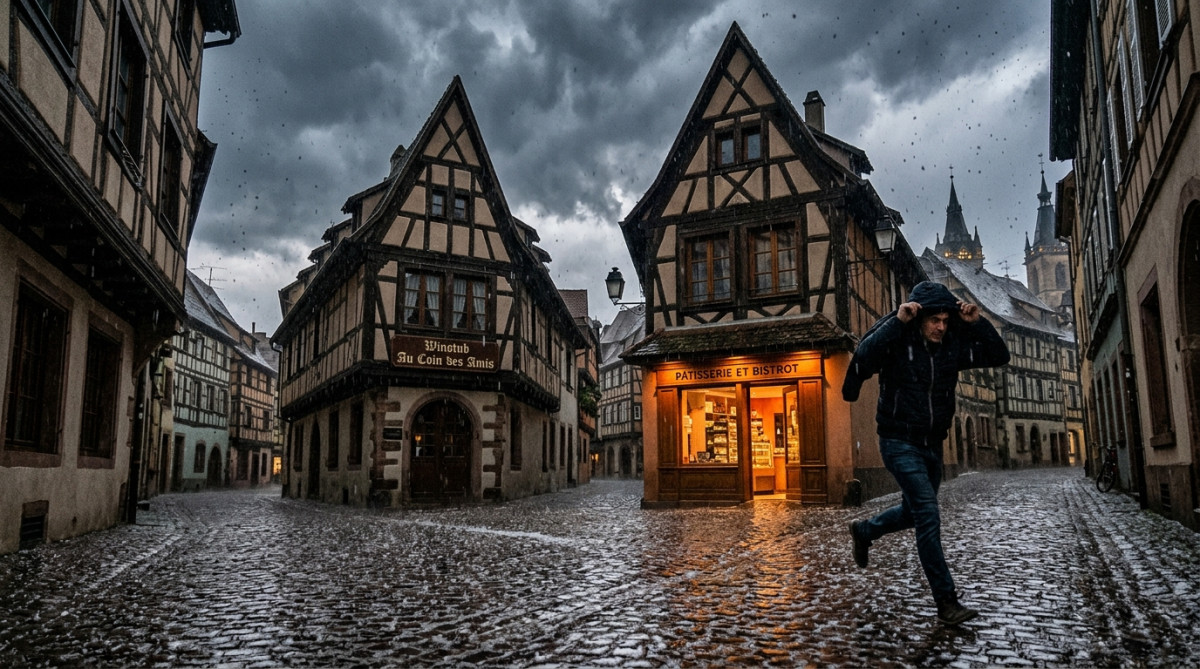 Orage de grêle sur une rue alsacienne à Strasbourg