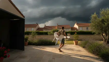 Personne rentrant le mobilier de jardin avant un orage