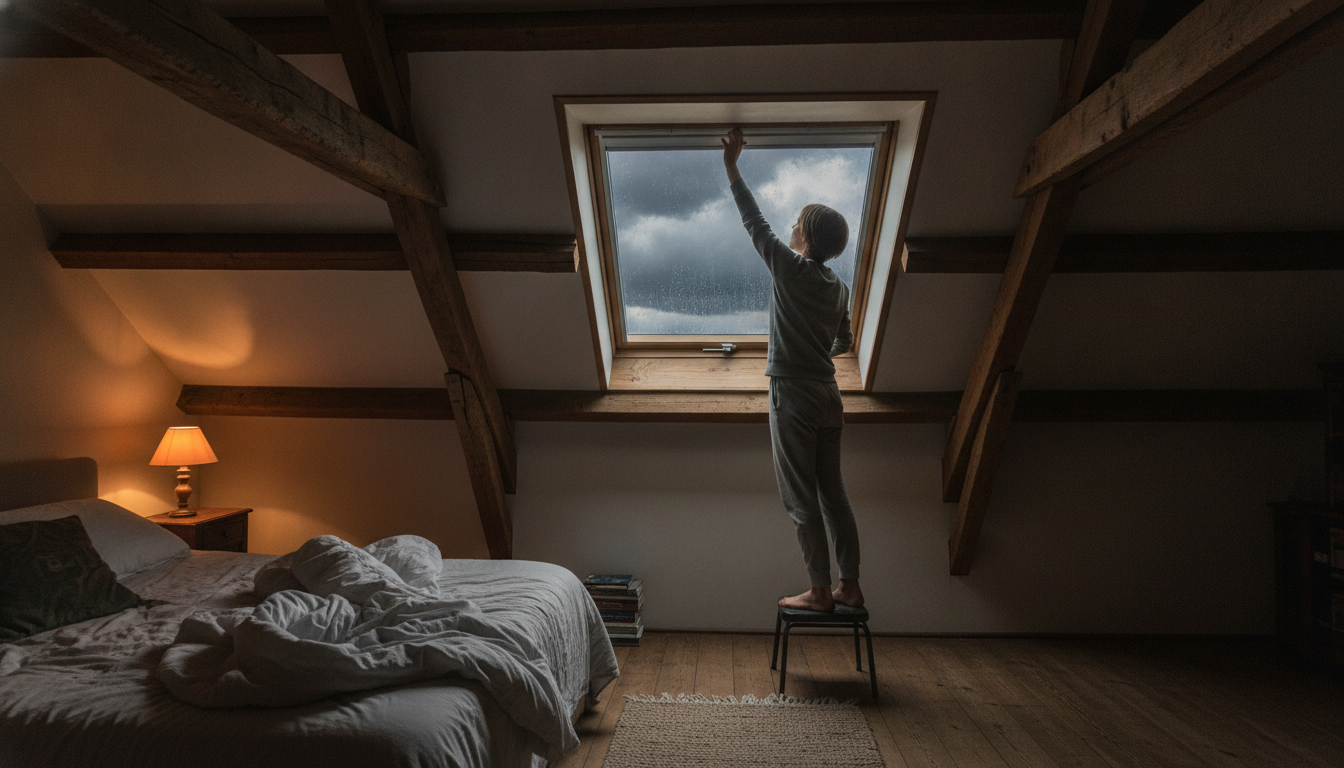 Fermeture d'un Velux avant l'arrivée d'un orage violent