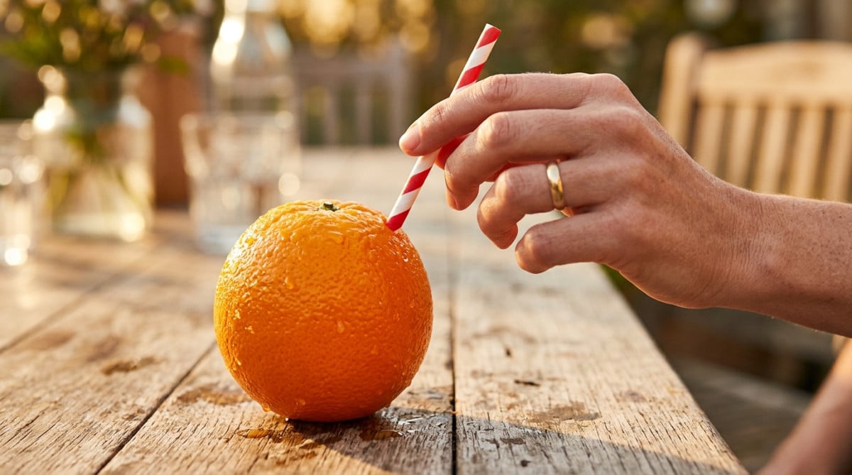 Orange fraîche avec paille rayée plantée dedans