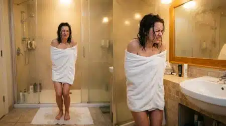 Personne sortant d'une douche froide avec inconfort