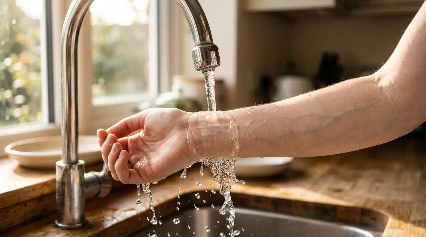 Poignet sous un filet d'eau froide au robinet