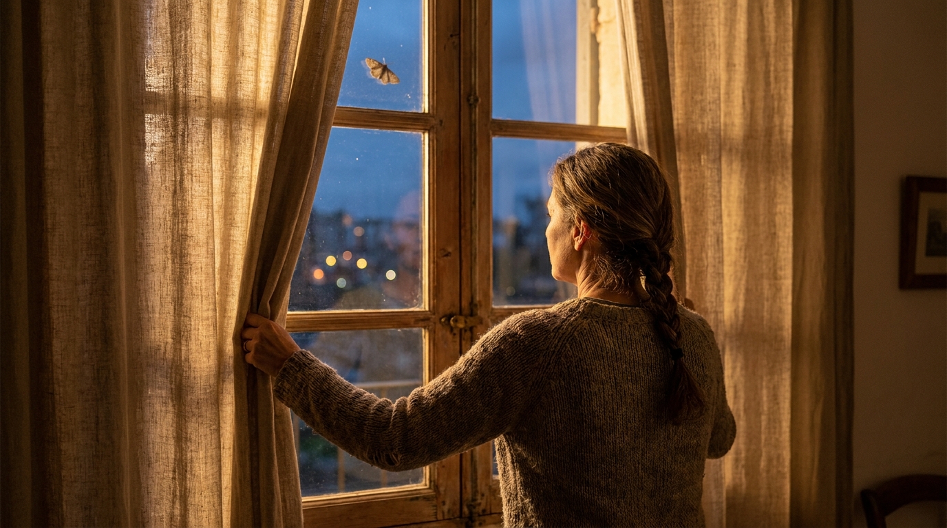 Femme tirant les rideaux devant une fenêtre ouverte au crépuscule