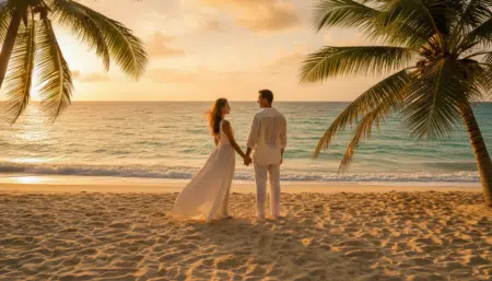 Couple sur une plage des Caraïbes au coucher du soleil