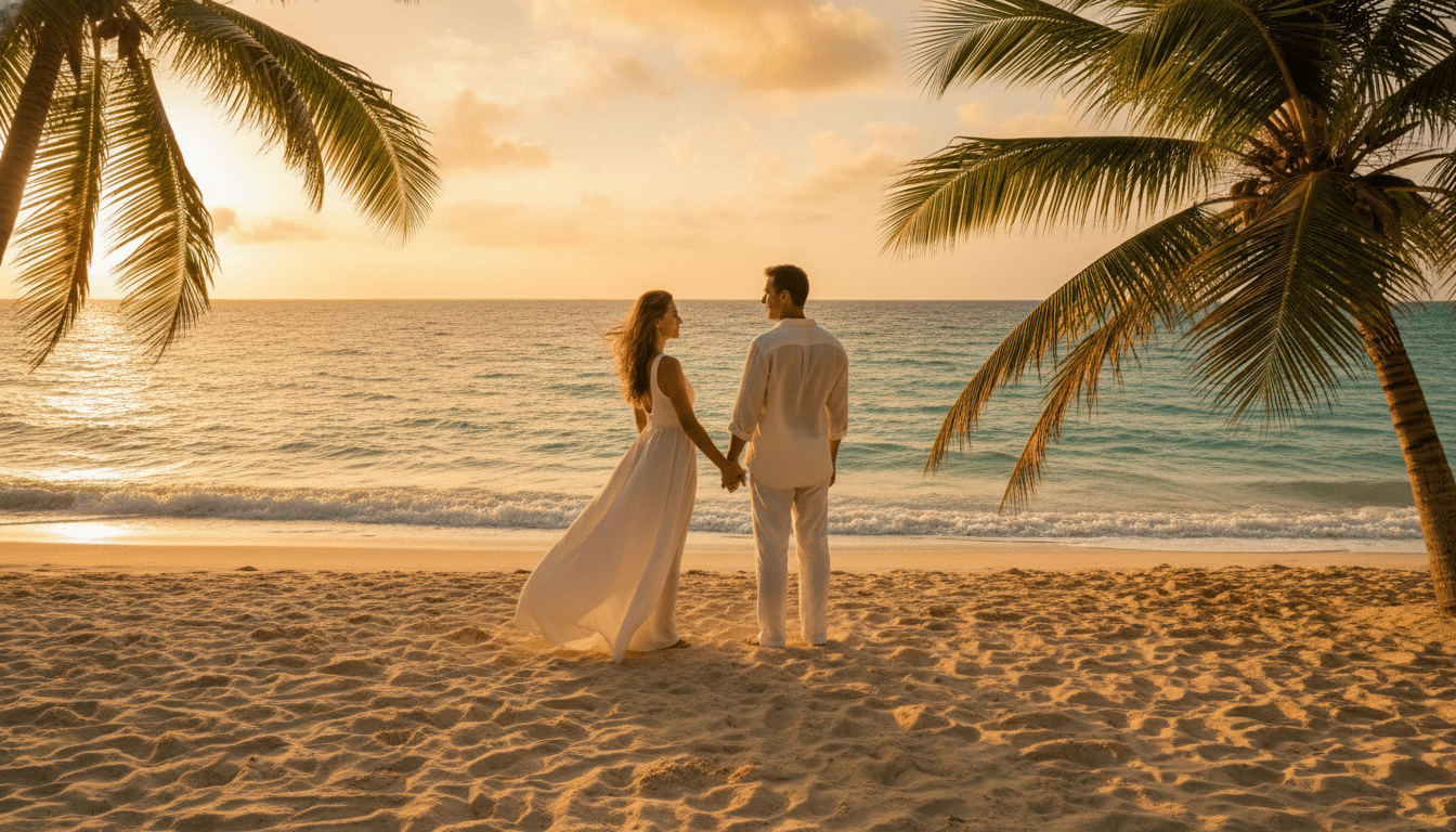 Couple sur une plage des Caraïbes au coucher du soleil