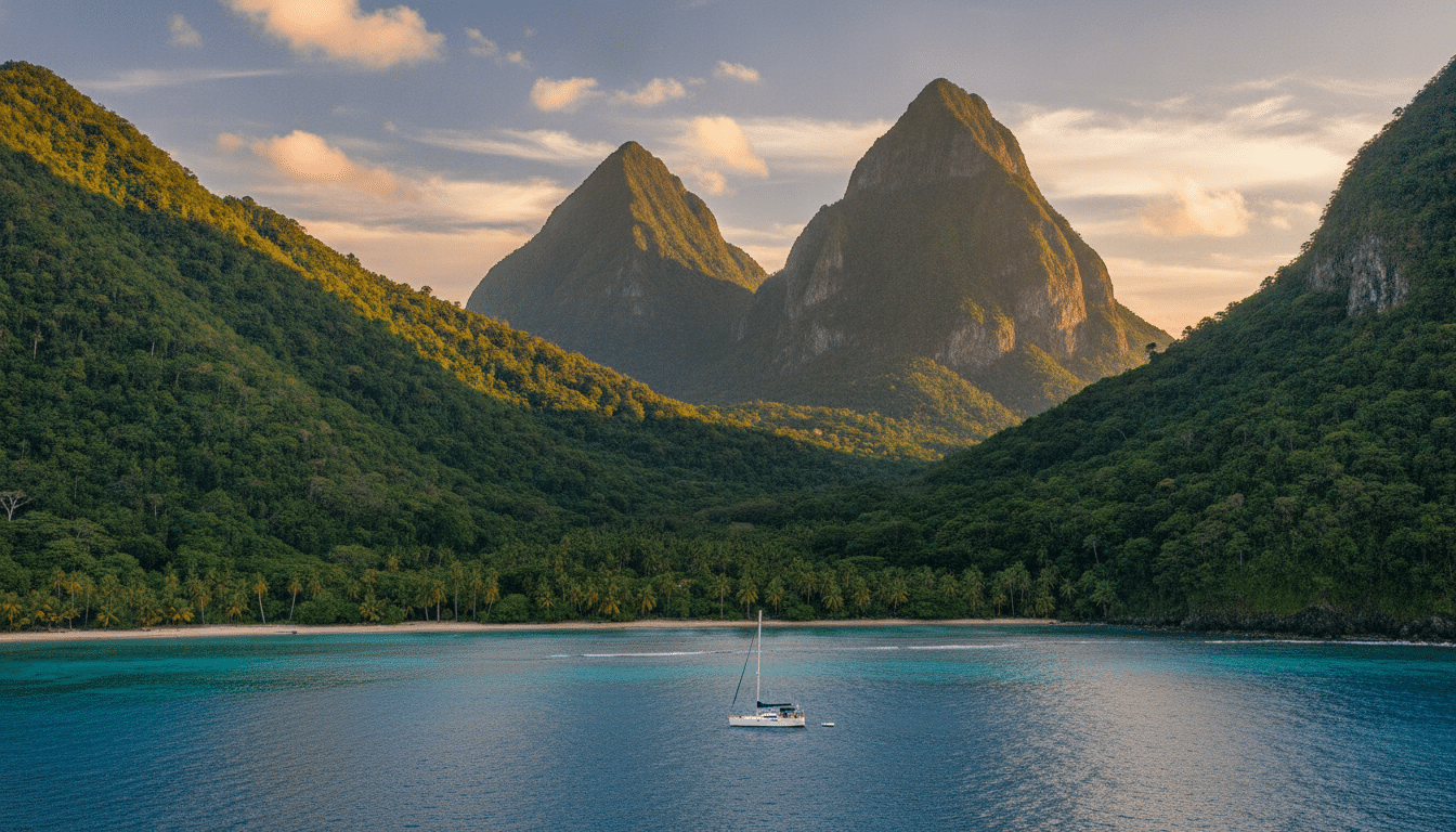 Les Pitons de Sainte-Lucie vus depuis la mer turquoise