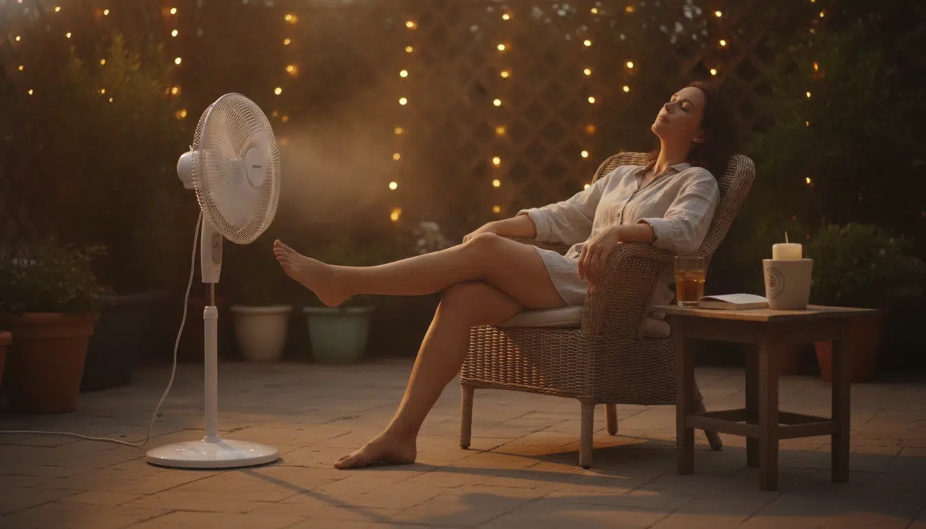Ventilateur sur pied orienté vers les jambes en terrasse