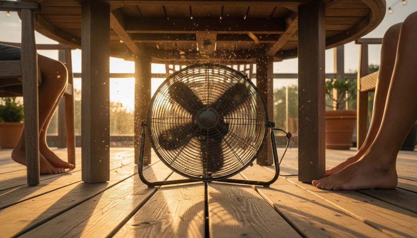 Ventilateur de sol placé sous une table de jardin